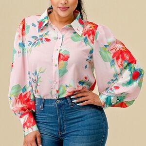 WHOLESALE FLORAL BUTTON DOWN LONG PUFF SLEEVE BLOUSE TOP